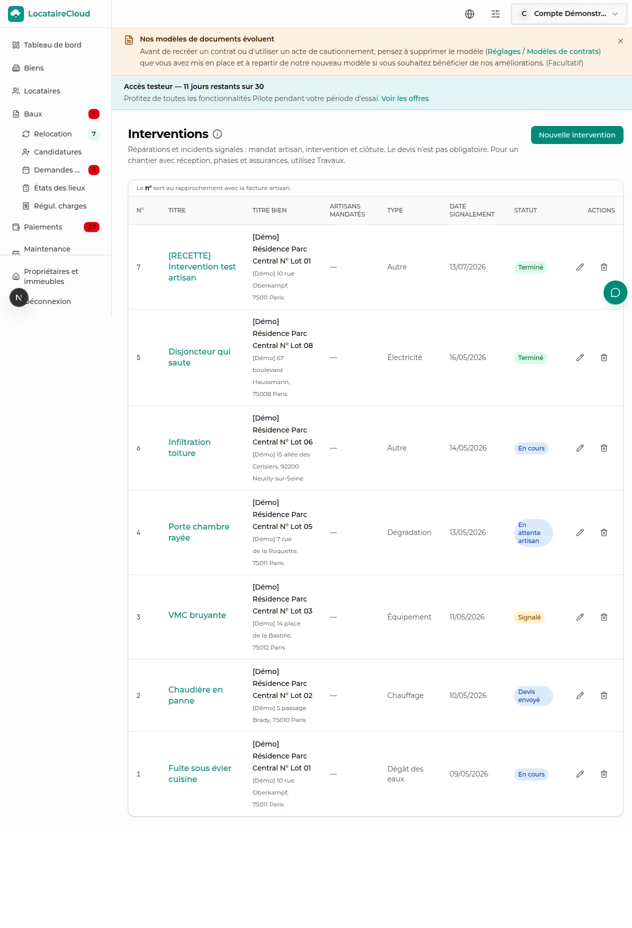 Liste des interventions LocataireCloud avec colonnes statut et bien