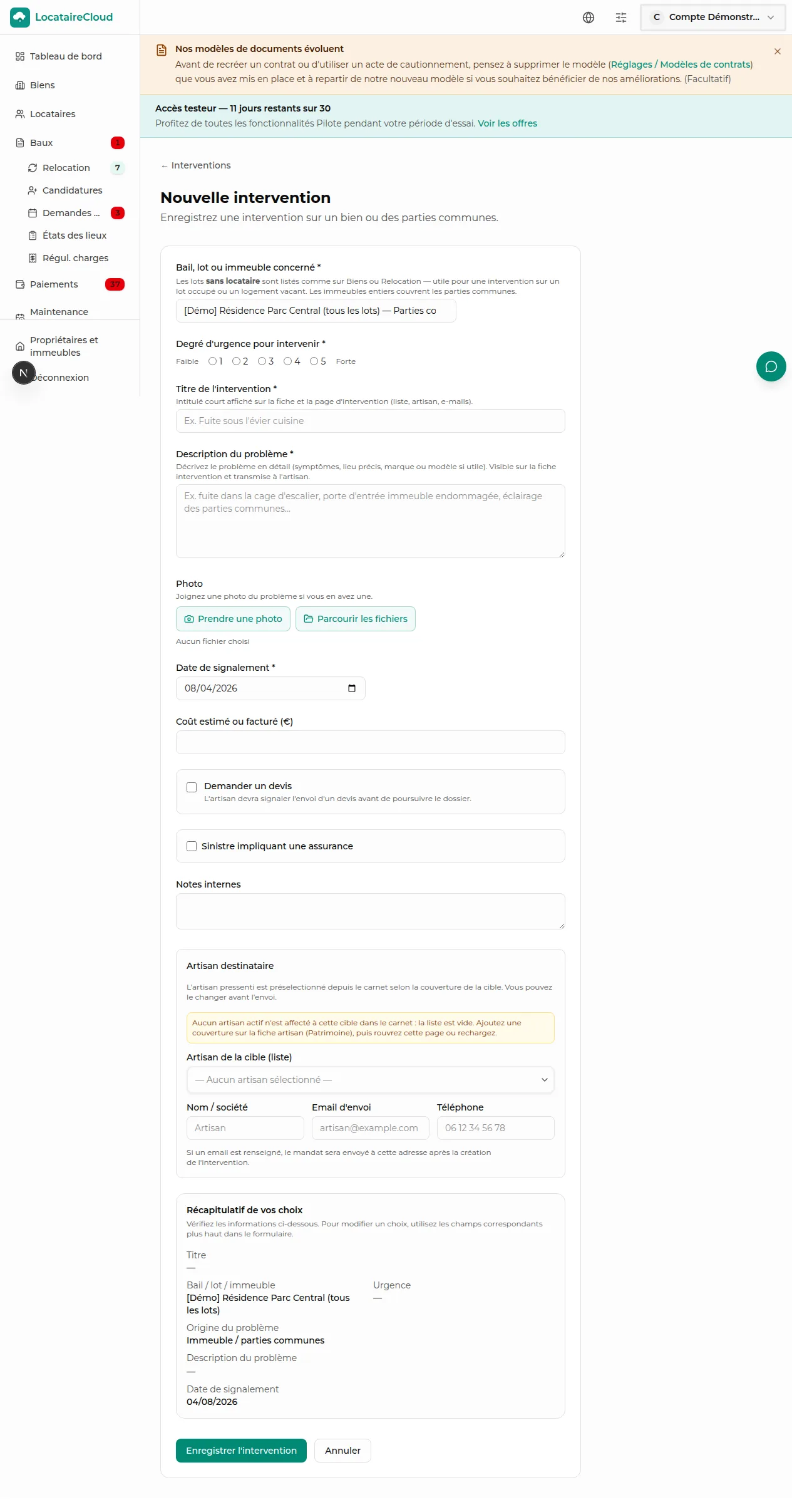 Formulaire de création d'une nouvelle intervention LocataireCloud