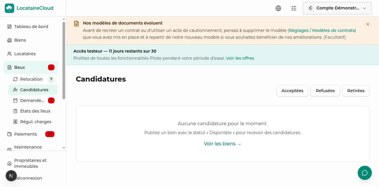 Liste des candidatures LocataireCloud avec dossiers et solvabilité