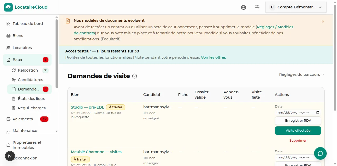 Tableau des demandes de visite avec coordonnées candidats