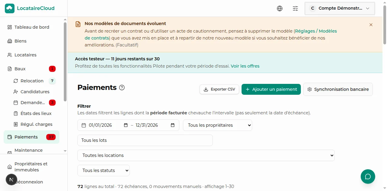 Page Paiements LocataireCloud avec échéances et suivi des loyers