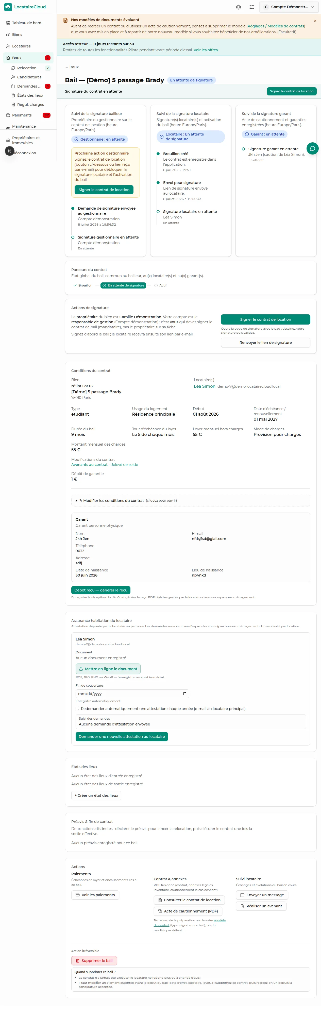 Fiche bail en attente de signature avec suivi bailleur, locataire et garant