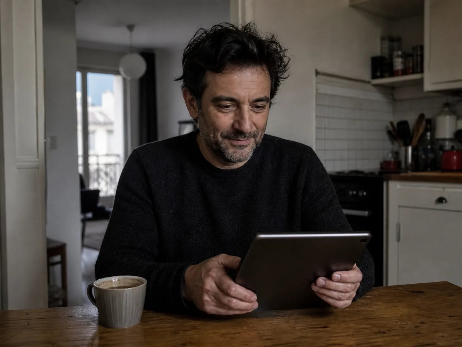 Un bailleur consulte une tablette dans sa cuisine