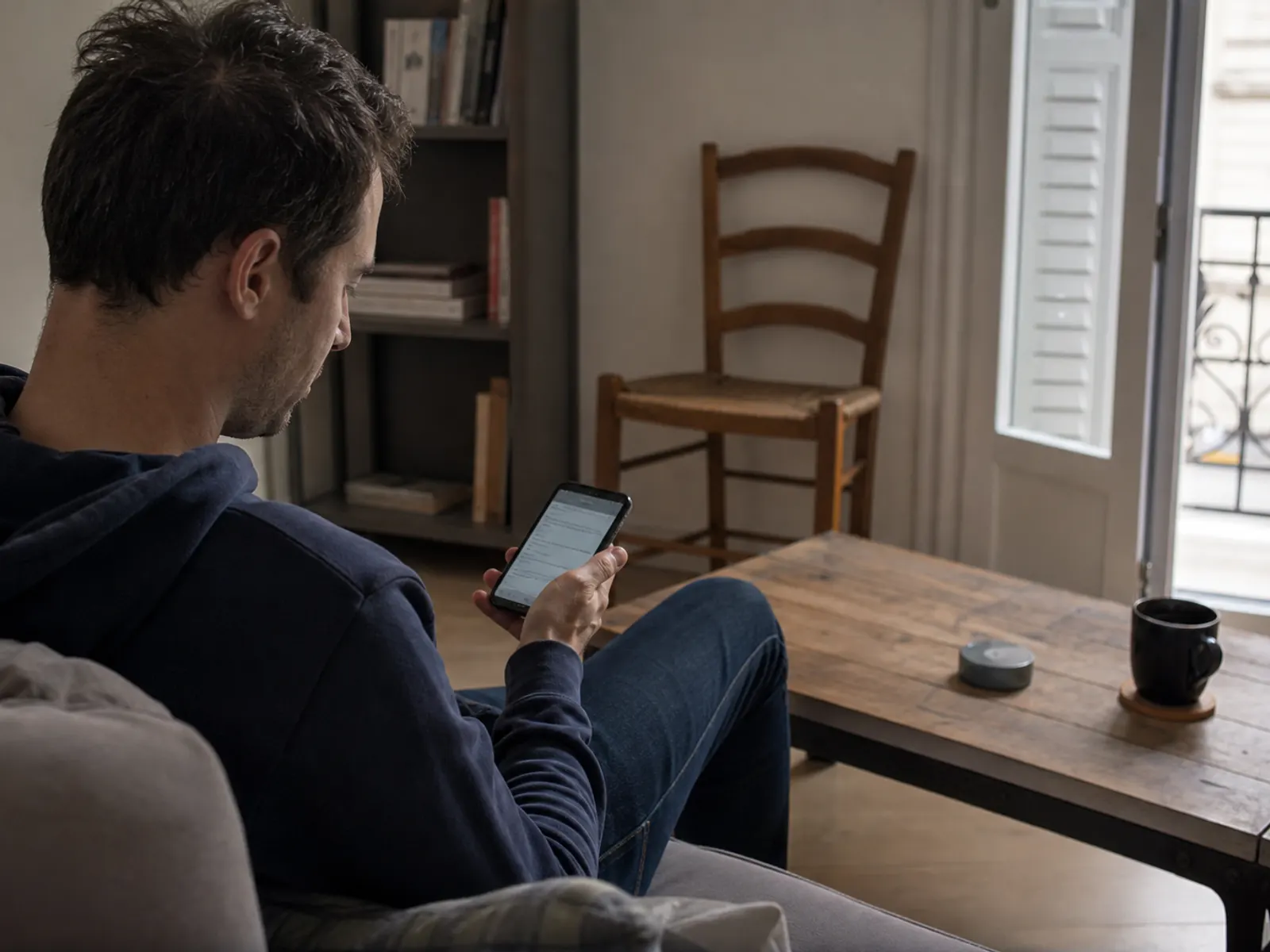 Un bailleur consulte son téléphone depuis son canapé