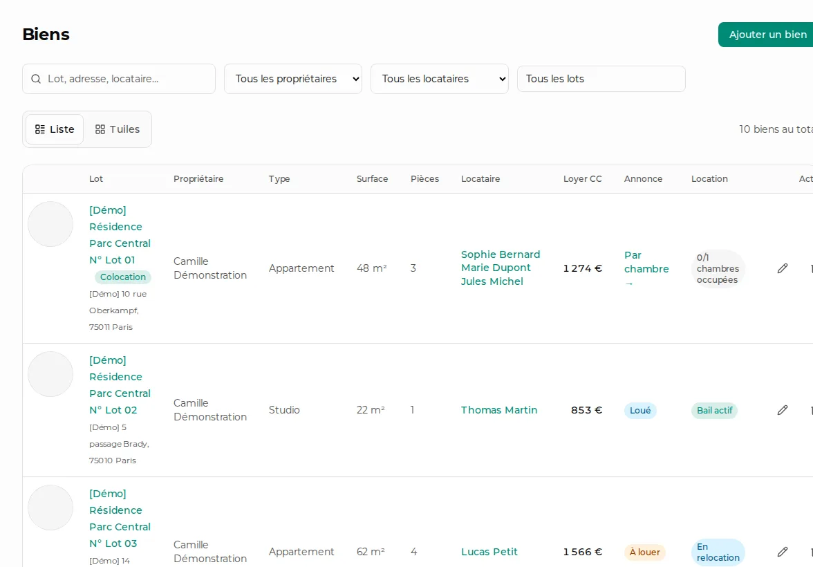 Liste des biens dans LocataireCloud avec loyers et statuts