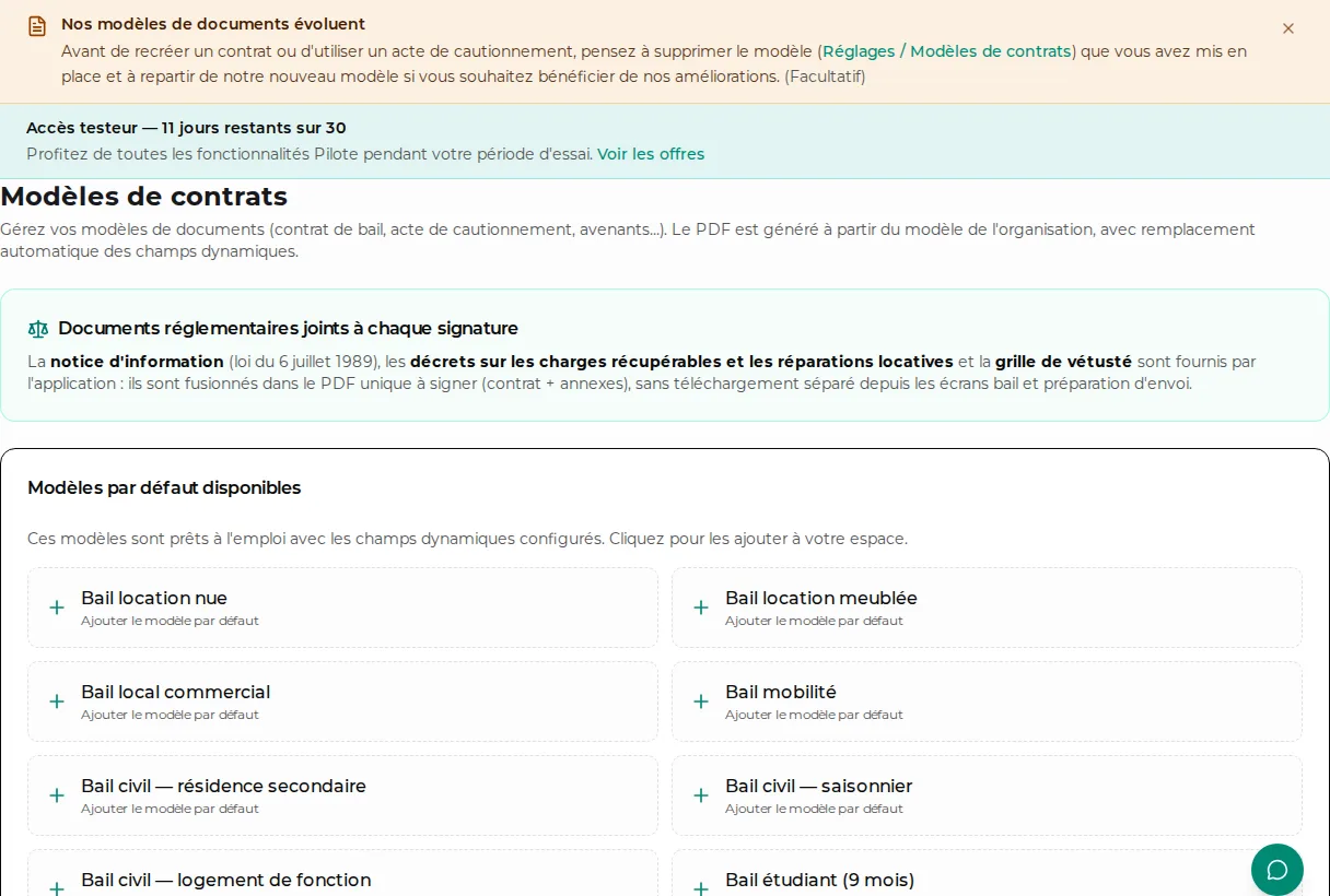 Bibliothèque de modèles de contrats LocataireCloud