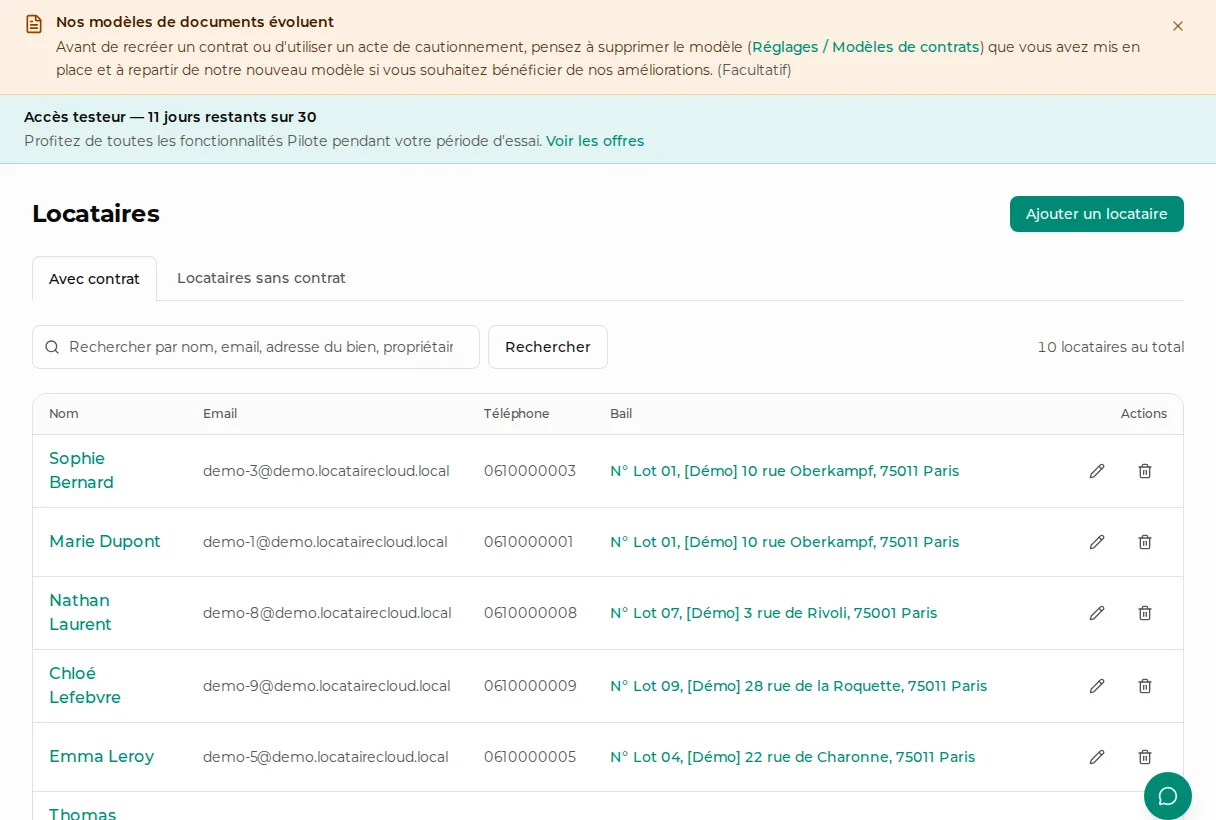 Vue locataires du parc dans LocataireCloud