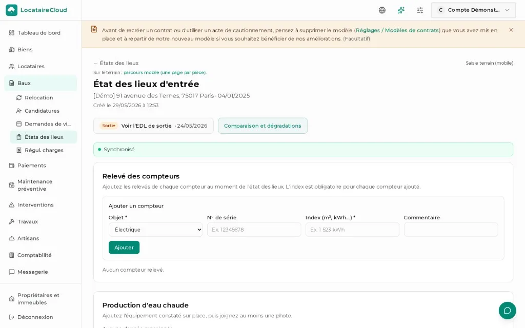 État des lieux d’entrée : lien vers la sortie précédente et accès au comparateur des dégradations.
