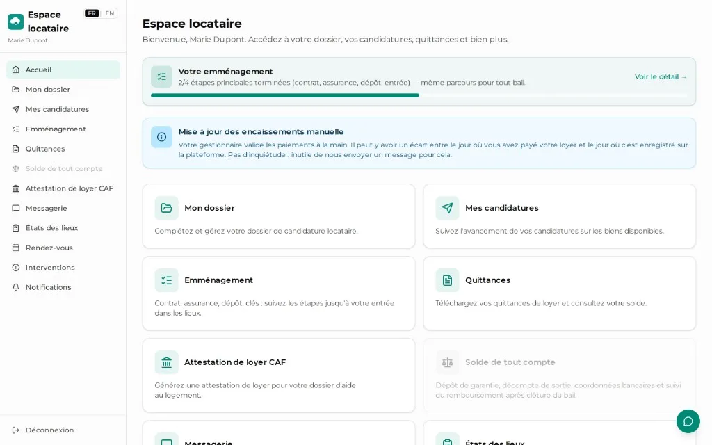Accueil de l’espace locataire : dossier, candidatures, emménagement, quittances, choix FR ou EN.