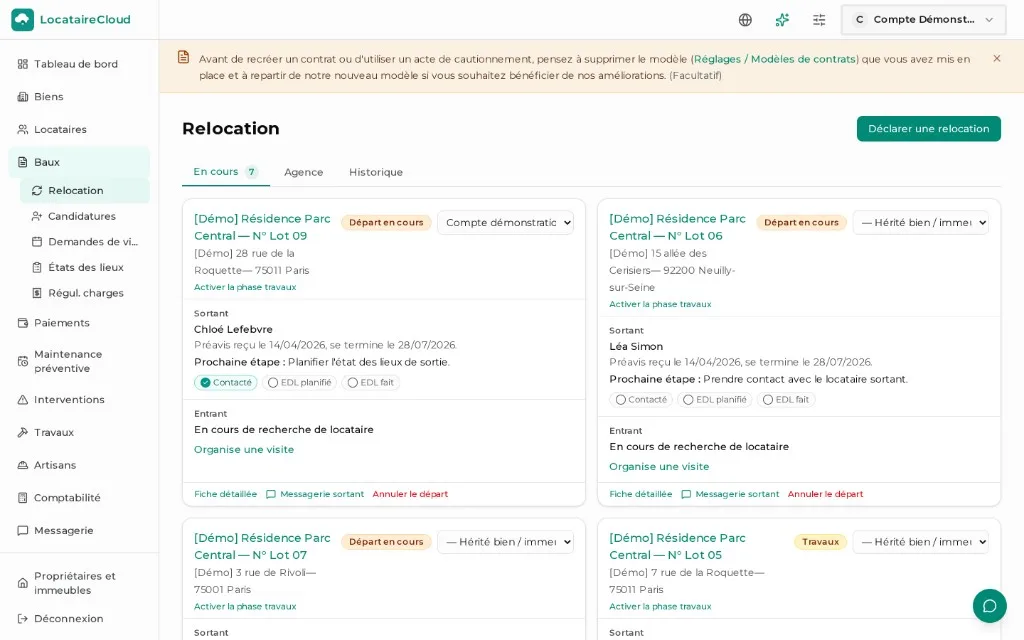 Tableau de pilotage des relocations : lots en cours, locataire sortant et nouvel arrivant.