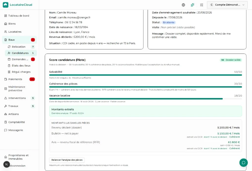 Score candidature : solvabilité, cohérence des pièces lues par OCR, et montants extraits des bulletins et de l’avis d’imposition.