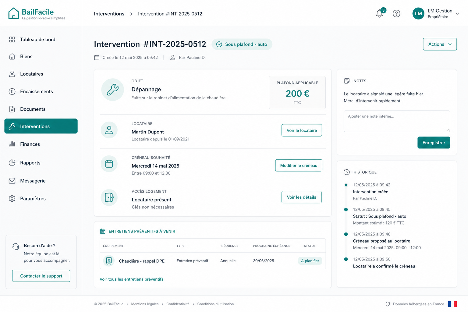 Aperçu du flux artisan et des interventions dans LocataireCloud