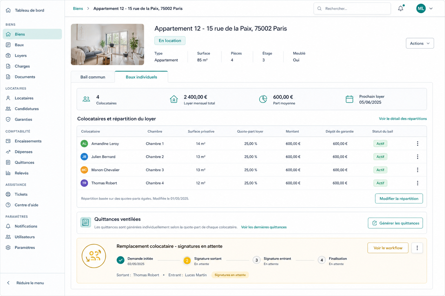 Aperçu de la gestion colocation et des baux dans LocataireCloud